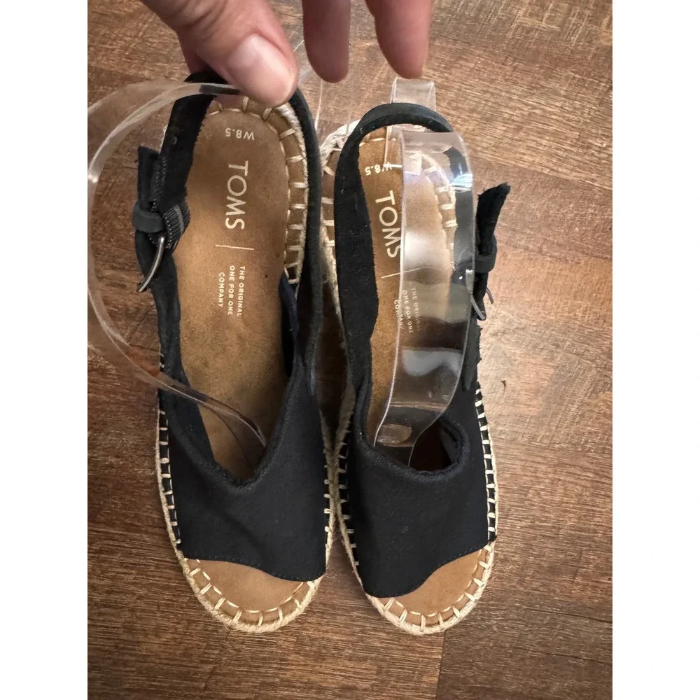 TOMS Women's 8.5 Black Espadrille Wedge Sandals Slingback Peep Toe
